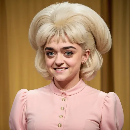 Prompt: Maisie Williams dressed as barbara windsor with big bouffant beehive long hair