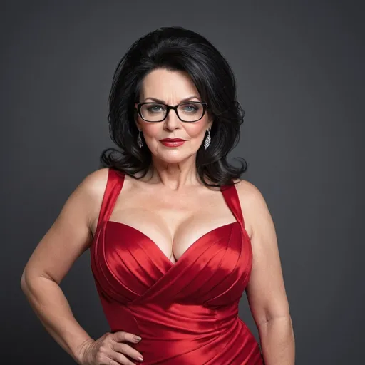 Prompt: hd photo of sultry mature woman, plump body, red cocktail dress, long bouffant black hair with grey streaks, glasses
