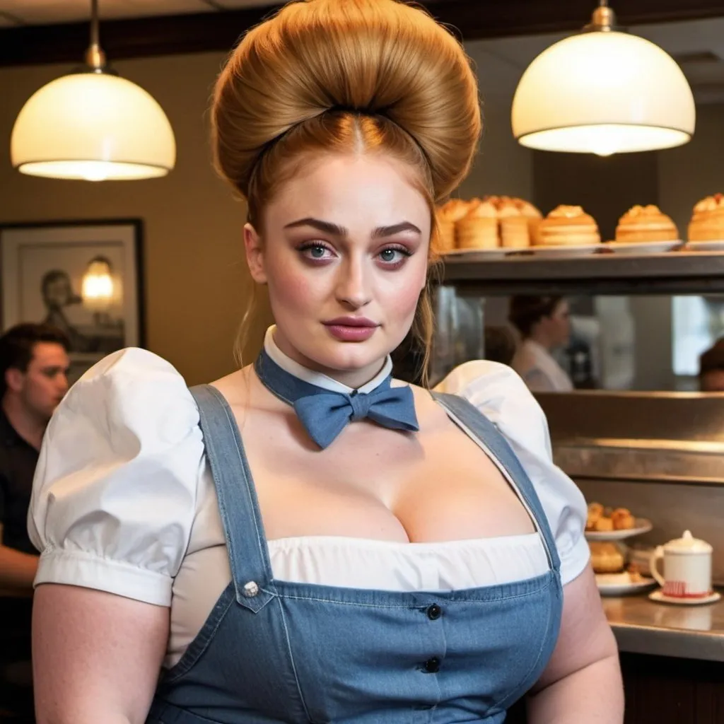 Prompt: Sophie Turner a overweight bbw chubby waitress, wearing waitress outfit, giant bouffant beehive hairstyle, makeup, photo style, detailed face, full body