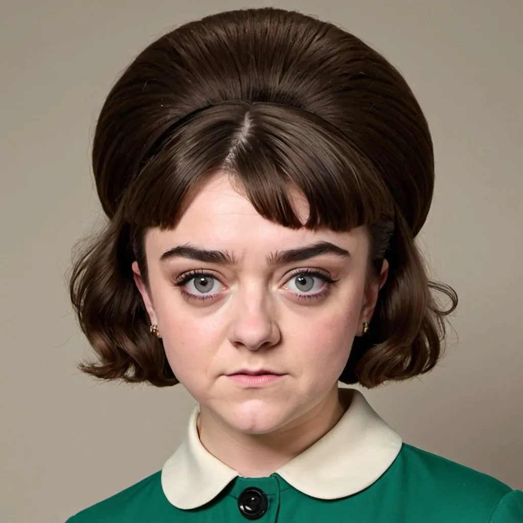 Prompt: Maisie Williams dressed as a 1960's woman with big bouffant beehive hair