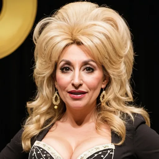 Prompt: Tracy-Ann Oberman dressed as dolly parton with a big bouffant beehive hairstyle