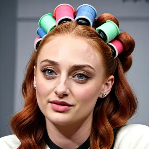 Prompt: sophie turner with hair rollers
