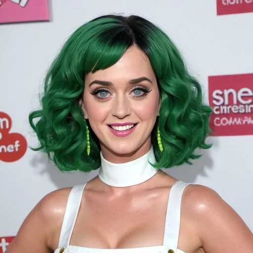 Prompt: Katy Perry as an oompa loompa with green hair shortstack