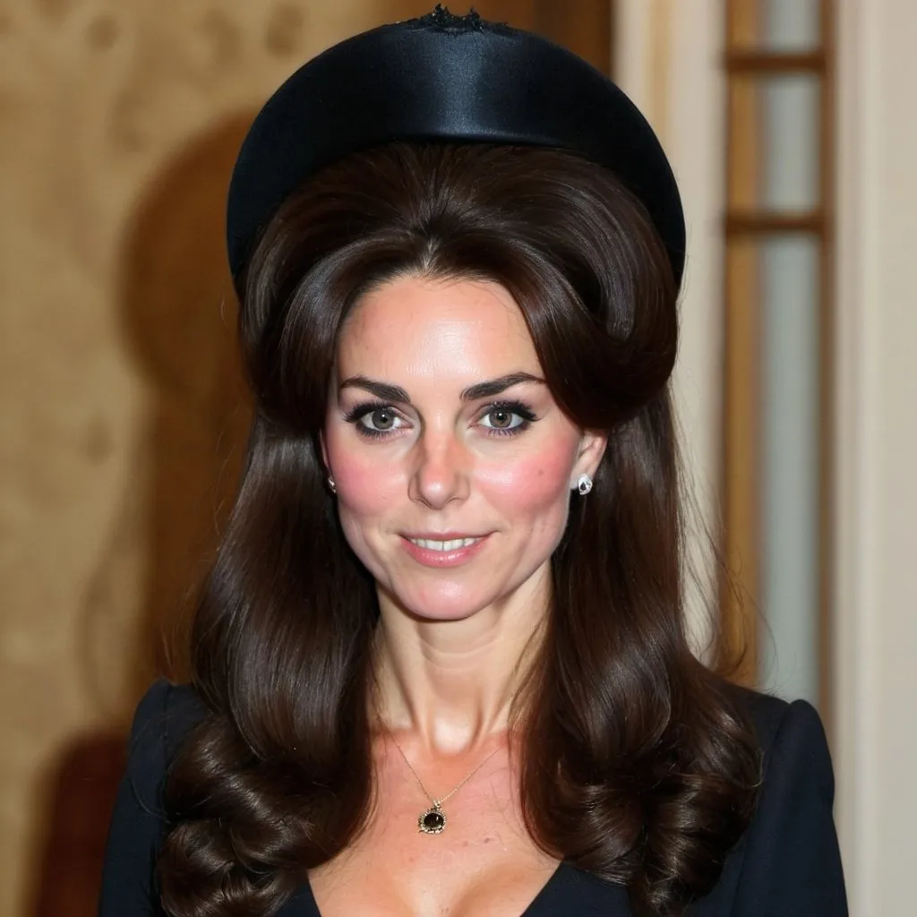 Prompt: kate middleton Dressed as Elvira Mistress of the dark, Big bouffant Beehive black hair