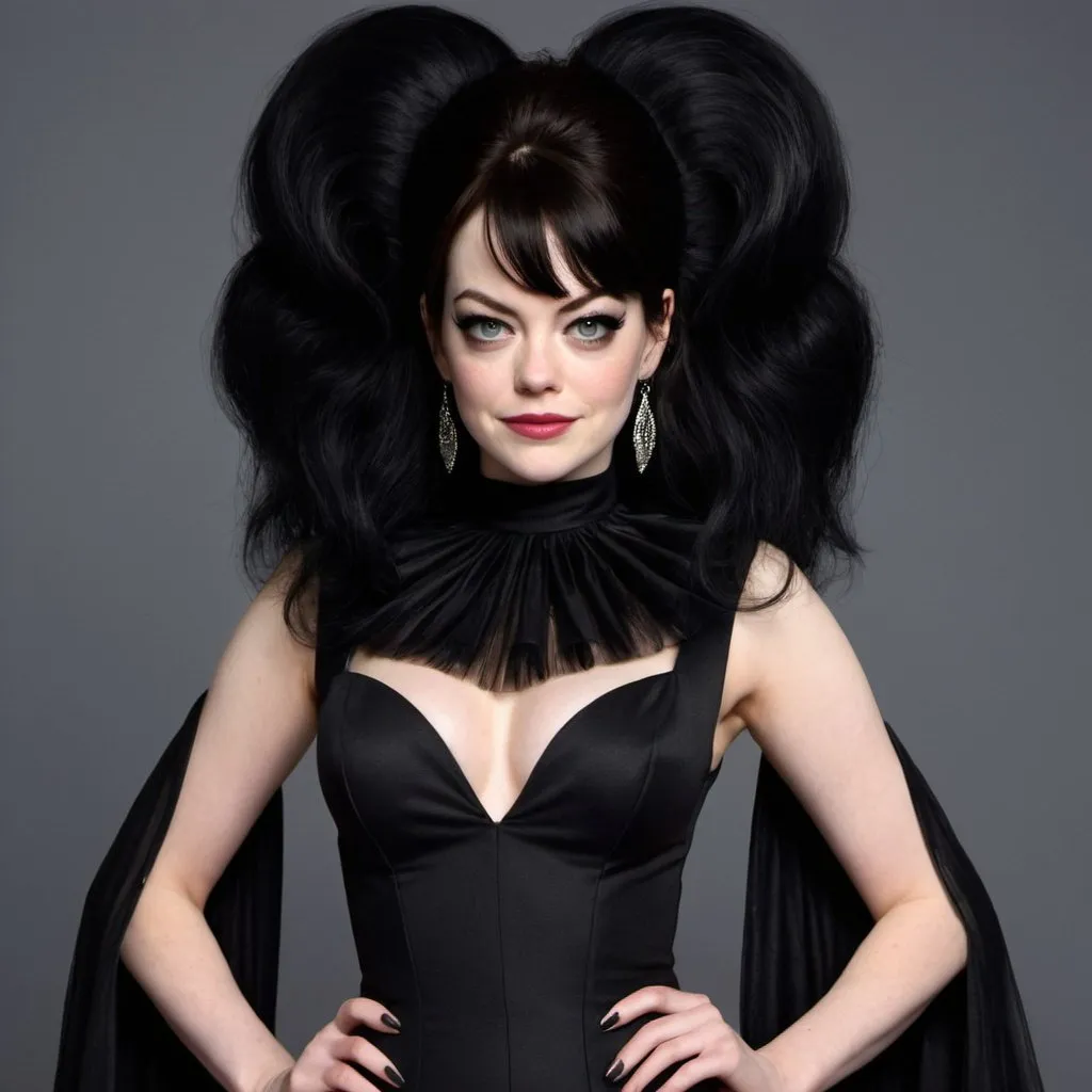 Prompt: emma stone Dressed as Elvira Mistress of the dark, Big bouffant Beehive black hair