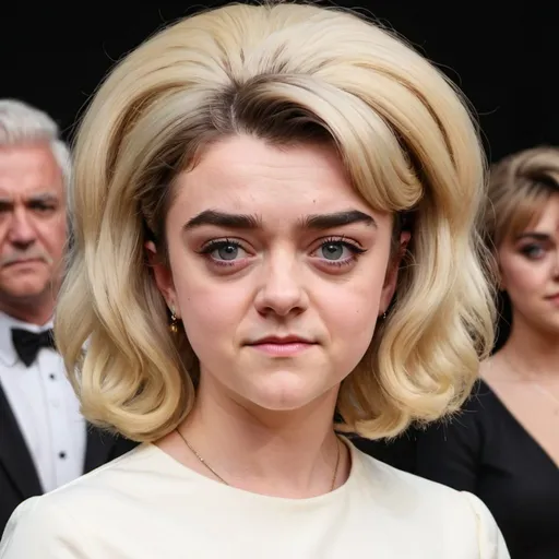 Prompt: Maisie Williams dressed as stepford wife with massive bouffant beehive long hair