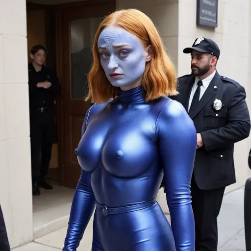 Prompt: sophie turner dressed as violet beauregarde blue skin