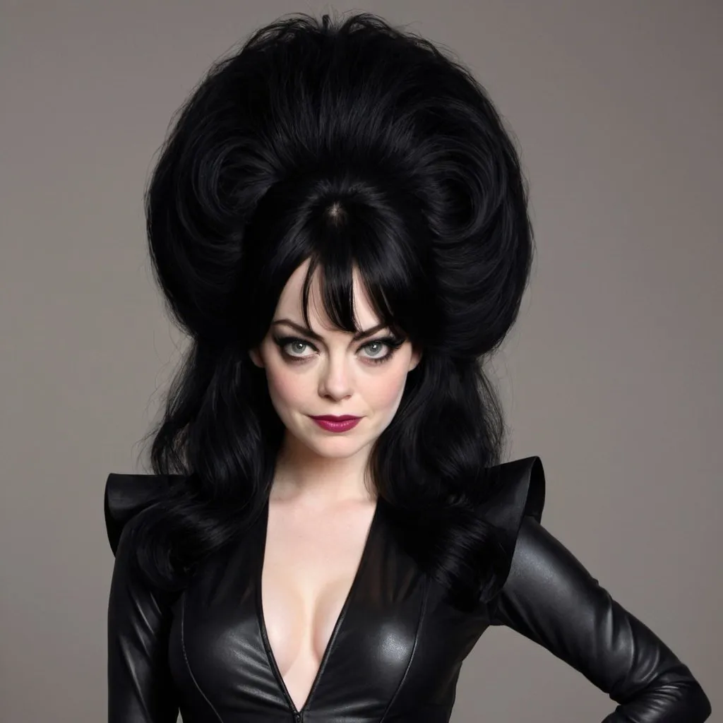 Prompt: emma stone Dressed as Elvira Mistress of the dark, Big bouffant Beehive black hair