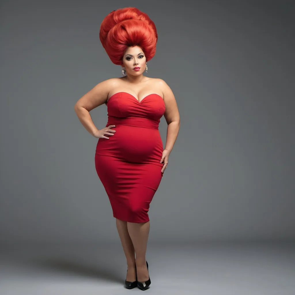 Prompt: plump woman with long red big bouffant beehive hair full body shown, wearing tight dress full body shown