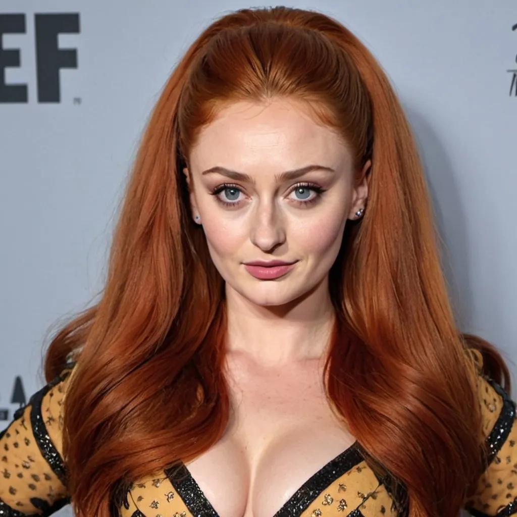 Prompt: Sophie turner dressed as peggy bundy with big bouffant beehive long hair