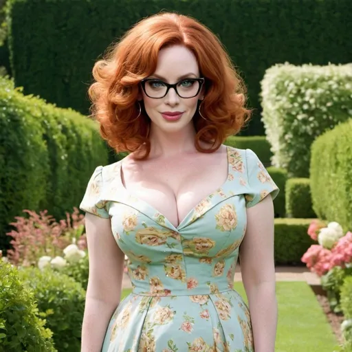 Prompt: Christina Hendricks a stepford wife woman, massive bouffant flip hairdo, summerdress, high heels, cat eye glasses, standing in a garden