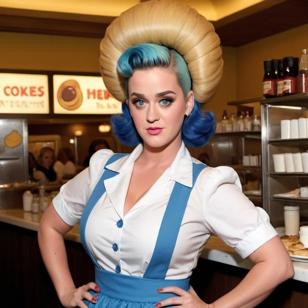 Prompt: Katy Perry a overweight waitress, wearing waitress outfit, giant bouffant beehive hairstyle, makeup, photo style, detailed face, full body