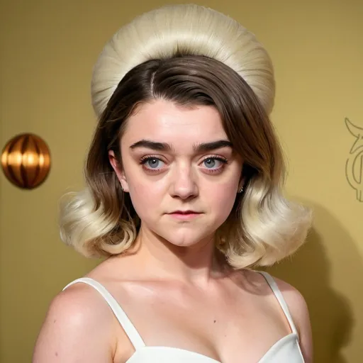 Prompt: Maisie Williams dressed as stepford wife with massive bouffant beehive long hair