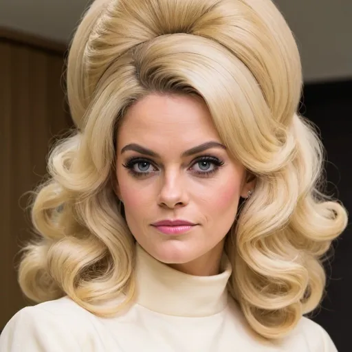 Prompt: chanel cresswell dressed as stepford wife with massive bouffant beehive long blonde hair