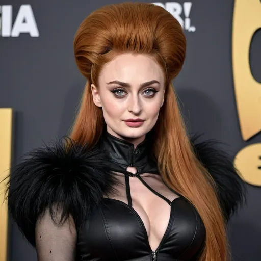 Prompt: sophie turner dressed as elvira mistress of the dark with a massive bouffant beehive hairstyle 