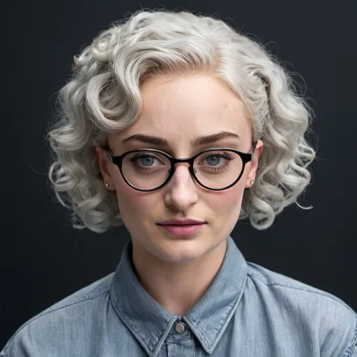 Prompt: Sophie Turner dressed as a old, short bouffant curly grey hair, glasses, wrinkles, bimbo