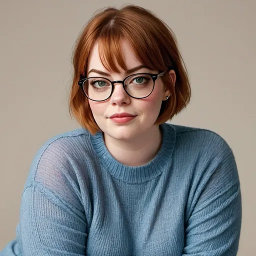 Prompt: Emma Stone a overweight bbw chubby fat mom, wearing mom jeans and sweater, glasses, short bob bowlcut hair with bangs, makeup, photo style, detailed face, full body