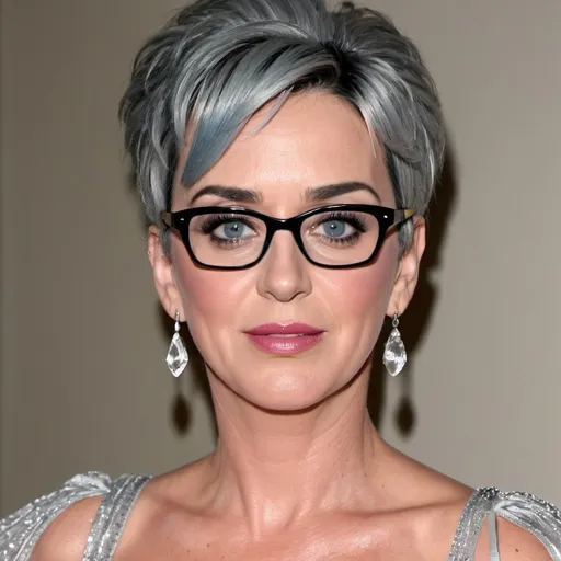 Prompt: katy perry dressed as a sultry mature woman, 60 years old, grey bouffant hair, eyelashes, eyeshadow, glasses wrinkles, nightdress