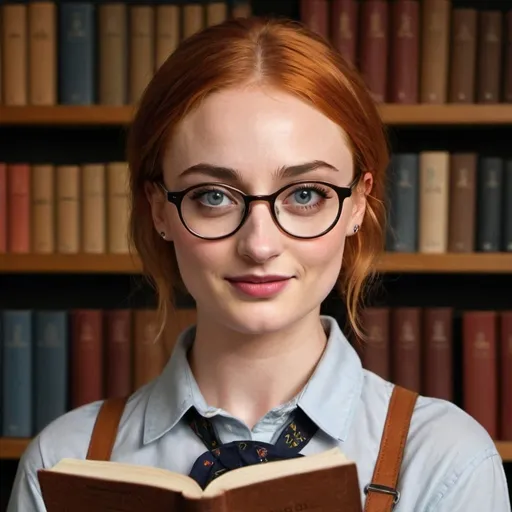 Prompt: A charming transformation of the usually elegant and fiery Sophie Turner into a quirky, intellectual character. With her signature short bowlcut hair meticulously styled to frame her face, she dons a pair of thick-rimmed, nerdy glasses that give her a scholarly allure. The glasses, with a hint of retro charm, enhance her natural beauty, making her appear both studious and endearingly dorky. Her attire consists of a plain white button-up shirt, which she has rolled up to her elbows, revealing a playful streak of geekiness. The pièce de résistance of her ensemble is a set of vibrant suspenders, which she has clipped onto her high-waisted blue jeans. The suspenders, adorned with cartoonish equations and scientific symbols, not only keep her shirt in place but also serve as a whimsical nod to her fictional love for physics and math. She stands in a setting that resembles a cozy library corner, surrounded by towering bookshelves filled with dusty tomes, a testament to her voracious appetite for knowledge. In her hand, she holds a leather-bound notebook, filled with scribbled notes and doodles that spill over onto the pages, hinting at her latest intellectual pursuit. The soft lighting casts a warm glow on her face, highlighting her cheekbones and the glint in her eyes as she looks directly into the camera with a slightly mischievous smile. The scene exudes an air of comfort and intelligence, as if she's just stepped out of a page from a graphic novel where she's the protagonist in a world of academic adventures. Her overall look is a delightful blend of chic and geek, leaving the viewer with a sense of wonder about the imaginary tales her brain might be conjuring up behind those spectacles.