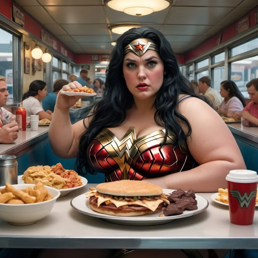 Prompt: setting, a diner, a overweight Wonder Woman, with long black hair, wearing wonder woman costume, surrounded by half eaten food, realism style, detailed face
