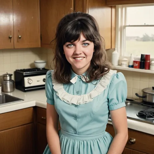Prompt: Courtney Barnett conservative housewife in a kitchen, dazed smile, tan skin, wearing a poofy modest frilly dress, lipstick, eyeshadow, huge bouffant 1960s hair, 