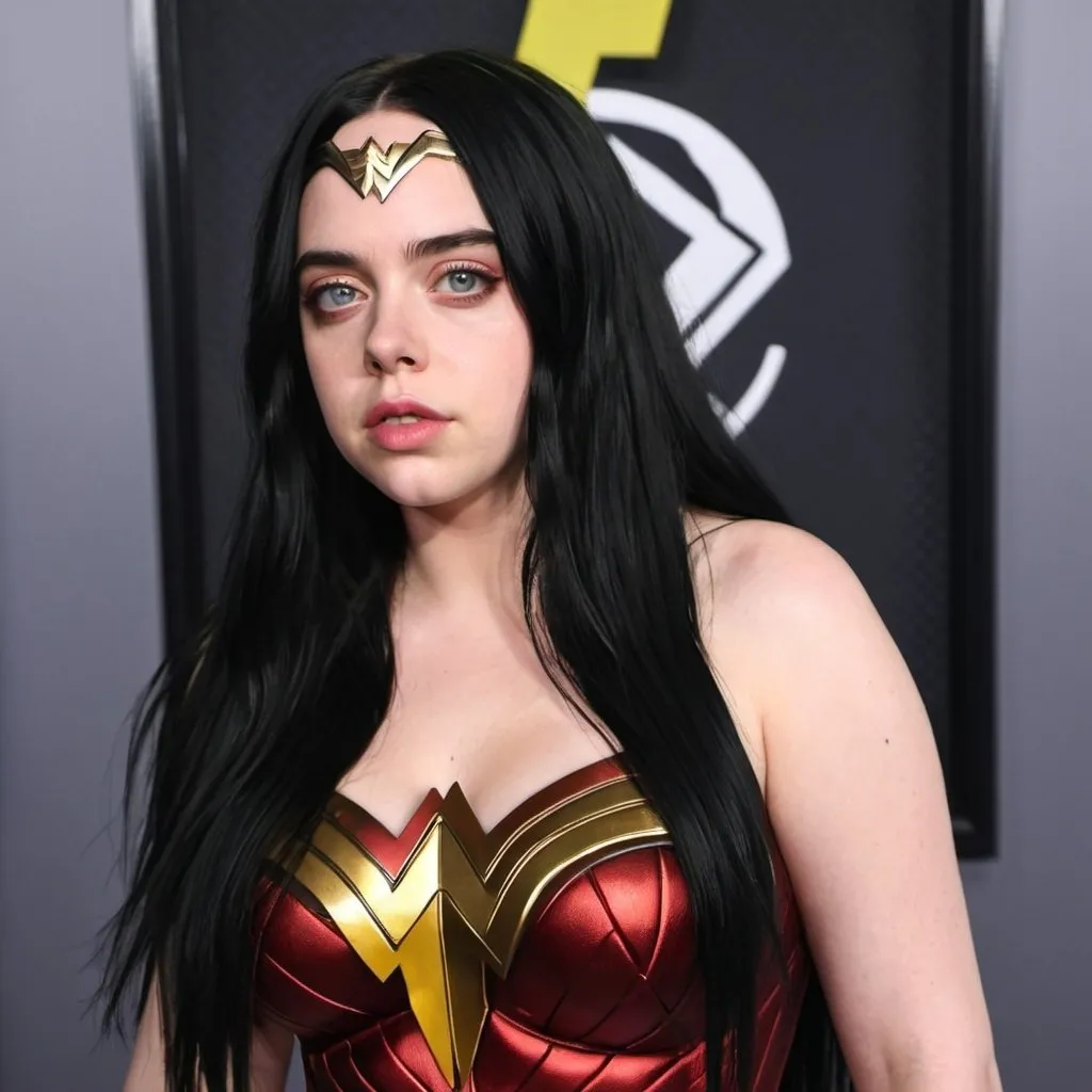 Prompt: Billie Eilish dressed as Wonder Woman  with big bouffant black hair
