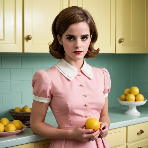 Prompt: A striking, retro-inspired portrait of Emma Watson as a modern-day Stepford Wife. She stands in a meticulously manicured, technicolor 1960s suburban kitchen, her bouffant hairstyle perfectly coiffed with not a single strand out of place. The bouffant is a vibrant shade of red, a nod to the era's bold fashion statements, and it sits atop her head like a crown of feminine power. Her makeup is flawless, with a porcelain complexion, winged eyeliner, and a shade of lipstick that matches the crimson of her hair. She is dressed in a figure-hugging, pastel pink dress that ends just above the knee, complemented by a pair of white, knee-high boots that add a playful twist to the traditional Stepford Wife attire. The dress features a cinched waist and pearl buttons that run down the front, emphasizing her hourglass silhouette. The kitchen is a symphony of pastel hues, with mint green cabinets, a bubblegum pink refrigerator, and a lemon-yellow countertop that pop against the bright white backdrop. Every detail, from the polished chrome faucet to the neatly arranged fruit bowl, exudes a sense of order and perfection. In one hand, she holds a vintage telephone receiver, its spiral cord looping gracefully around her wrist as if it's an extension of her elegant pose. The other hand is poised to serve a tray of freshly baked cookies, each one perfectly round and golden brown. Her gaze is slightly distant, yet eerily serene, hinting at the dual nature of her character—part ideal homemaker, part something more complex beneath the surface. The scene is bathed in a soft, dreamy light that casts long shadows, creating an atmosphere that is both inviting and eerily unsettling. The vibrant colors and Watson's flawless appearance stand in stark contrast to the underlying tension of the Stepford Wives narrative, leaving the viewer captivated by the juxtaposition of beauty and the uncanny.