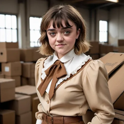 Prompt: maisie williams Smiling heavy woman with large thighs with a blonde mullet shag with bangs beige and brown comtrasting ripped up and 
worn out 1970's double knit polyester three piece vested matching  business suit with poofy wide shoulder pads, very wide collar, wide lapels, blouse with a very wide 1970s frilly ascot neckerchief in an old warehouse