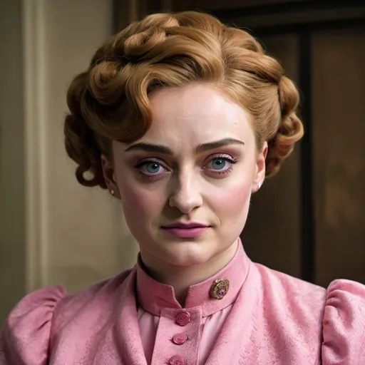 Prompt: Sophie Turner a dolores umbridge woman, with a short curly bouffant hairstyle, wearing pink dolores umbridge costume, photo style, detailed face