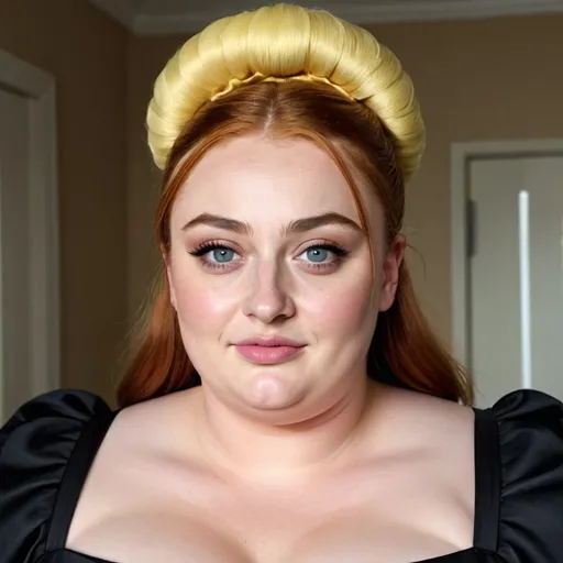Prompt: Sophie Turner a overweight bbw chubby pig woman, wearing maid outfit, giant bouffant beehive hairstyle with bangs, makeup, photo style, detailed face, pig nose,