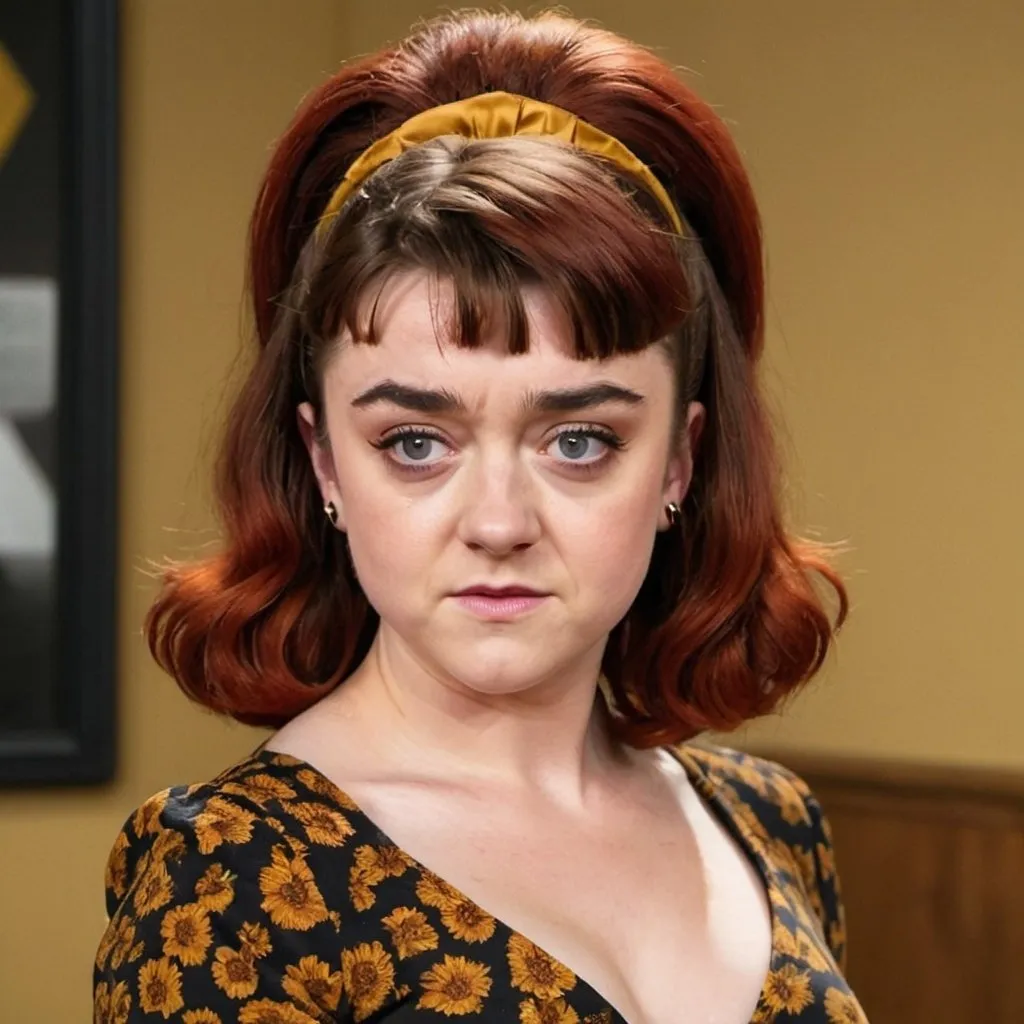 Prompt: Maisie Williams dressed as peggy bundy with big bouffant beehive long hair