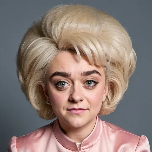Prompt: Maisie Williams dressed as Barbara Windsor with big bouffant hair
