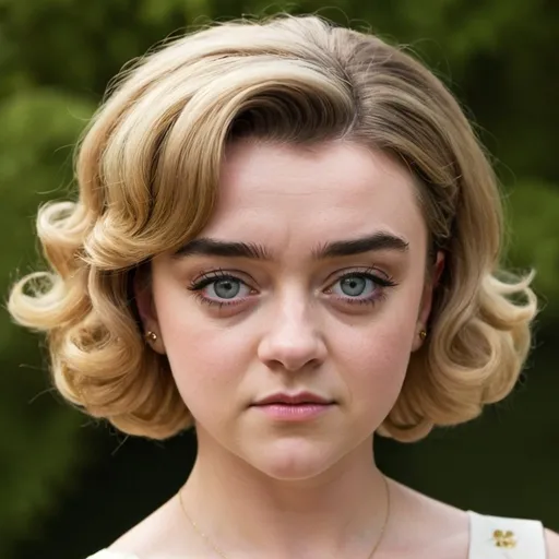 Prompt: maisie williams A quintessential Stepford wife from the 1960s, embodying the idealized perfection of suburban domesticity. She stands in the center, her figure a study in curvaceous elegance, with a blonde bouffant beehive hairstyle that soars to impossible heights and is meticulously styled to maintain its voluminous shape. The hair, a cascade of golden curls, casting a warm glow upon her flawless complexion. Her eyes are a piercing shade 