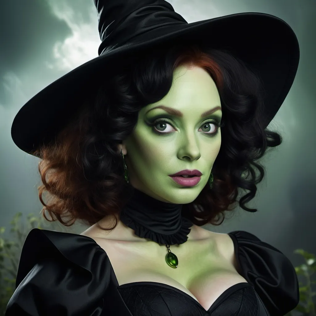 Prompt: christina hendricks as a wicked witch, green skin, overplucked eyebrows, thick curly frizzy black hair, sharp chin, big pointy crooked nose,