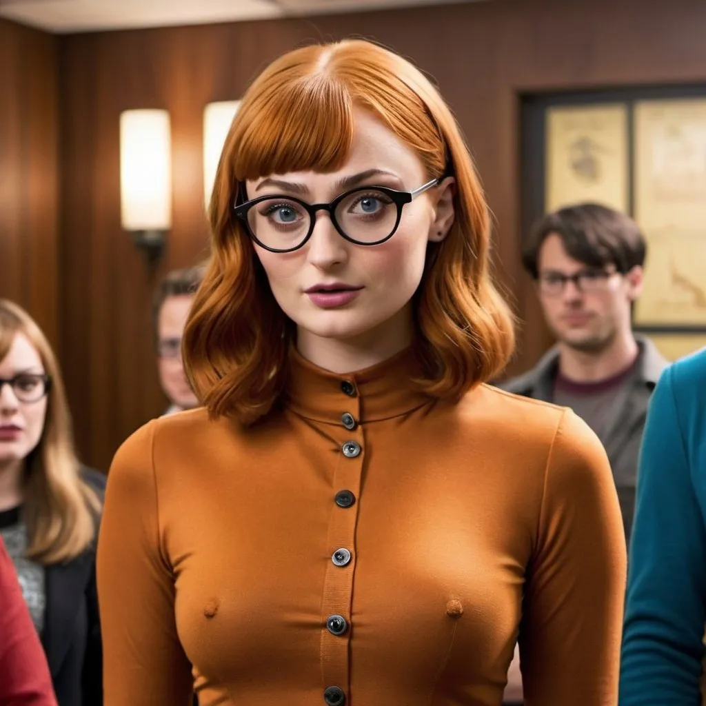 Prompt: Sophie Turner dressed as Velma Dinkley from Scooby Doo short brown bob hair