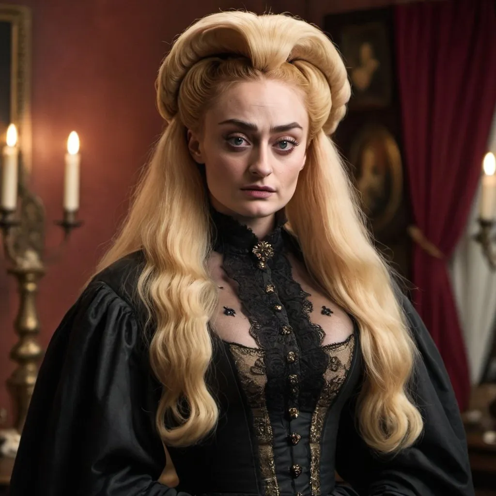 Prompt: Sophie Turner dressed as nadja what we do in the shadows with big bouffant beehive long hair