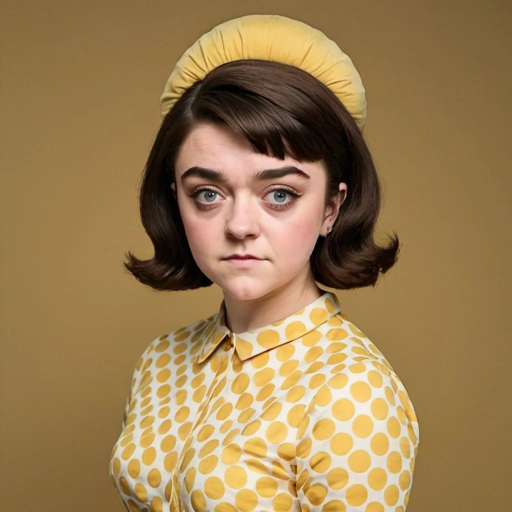 Prompt: Maisie Williams dressed as a 1960's woman with big bouffant beehive hair