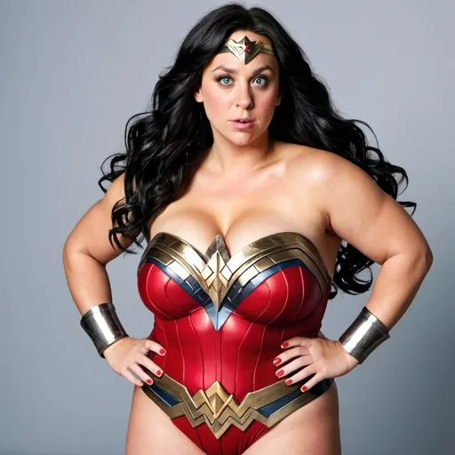 Prompt: Kaley Cuoco dressed as fat bbw Wonder Woman  with big bouffant black hair