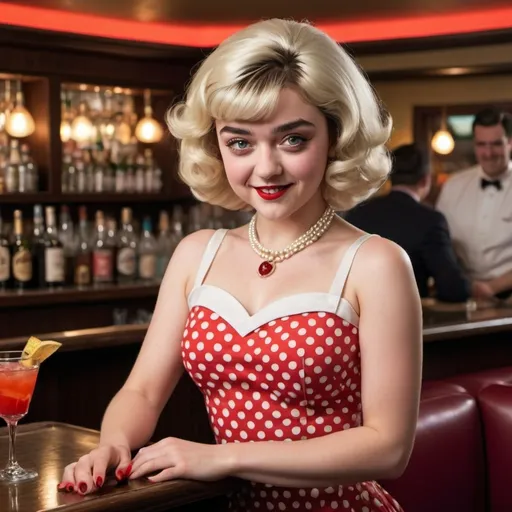 Prompt: A stunning transformation of the young and talented Maisie Williams, who is dressed as a vintage cocktail waitress. She is donned in an elegant red and white polka-dotted dress that hugs her figure, reminiscent of the iconic 1950s fashion. The dress has a cinched waist and a full skirt that flares out, adding to the playful retro vibe. Accessorizing her outfit are a pair of matching red pumps with a dainty heel, providing a touch of sophistication as she gracefully balances a silver tray with a tray of colorful, fruity cocktails in her hand. What truly steals the show is her massive blonde bouffant wig. The voluminous hairstyle reaches dramatic heights, with perfectly teased curls that frame her face. The wig is so convincingly styled that it seems to be an intrinsic part of her, blending seamlessly with her own dark locks. The bouffant wig is a gleaming halo of gold, drawing the eye to her playful expression and the glint of mischief in her eyes. Her makeup is done to perfection, with bold red lips and winged eyeliner that accentuate her youthful features while maintaining the timeless allure of the era. With a cheeky smile, she stands in a dimly lit cocktail lounge, the neon lights of the bar reflecting off her outfit and casting a warm glow across her face. The atmosphere is lively with the sound of clinking glasses and laughter in the background, hinting at the vibrant evening ahead. The composition captures a moment of anticipation and joy, as if she's about to deliver a round of drinks to an eager crowd of patrons. Her costume and wig pay homage to the classic Hollywood glamour, while her vibrant personality infuses the scene with a modern twist. The contrast between her youthful spirit and the vintage aesthetic creates a captivating visual narrative that transcends time.