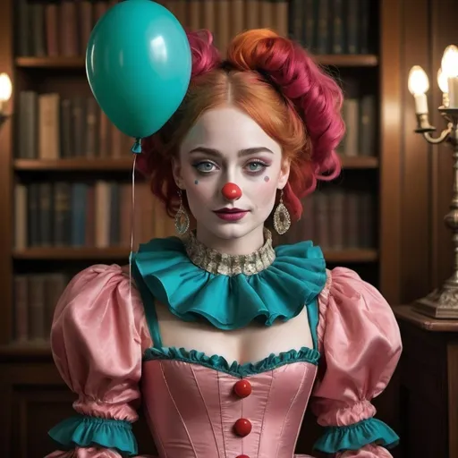 Prompt: The enchanting Sophie Turner, known for her role as Sansa Stark in Game of Thrones, in an unexpected and whimsical transformation. She is dressed as a clown, but not your typical circus performer. Her ensemble is a modern twist on the classic clown attire, with bold and vibrant colors that pop against the muted backdrop of an antique library. The focus of the photograph is on her face, which is meticulously painted with a delicate balance of white and red makeup, creating a sophisticated yet playful expression that complements her piercing blue eyes. Above her head, a wildly colorful wig of cascading ringlets in shades of pink, blue, and green stands tall, reminiscent of a peacock's plumage. The wig is adorned with glittering stars and tiny bells that whisper a melody with every movement she makes. Her attire includes a ruffled collar and a corset-style top that hints at her feminine figure while still embracing the clown aesthetic. The rest of her outfit is a blend of tailored pants and oversized shoes, topped with a short, puffy tutu that adds an air of elegance to the otherwise comical look. In one hand, she holds a vintage-style balloon, partially obscured by the pages of an open book, suggesting a whimsical blend of the academic and the absurd. Her other hand rests on a bookshelf, filled with dusty tomes and peculiar artifacts, as if she's just stepped out of a literary adventure. The overall effect is a captivating blend of sophistication and playfulness, leaving viewers intrigued by the juxtaposition of the refined setting with her flamboyant clown attire. The library's warm lighting casts a soft glow on her features, highlighting the intricate details of her makeup and the glossy finish of the balloon. The photograph captures a moment of mischief and wonder, as if Sophie has just uncovered a secret world hidden within the pages of her favorite book, and her clown persona is ready to explore it. Her smile is mysterious and alluring, inviting the audience to join her in her imaginative escapade.