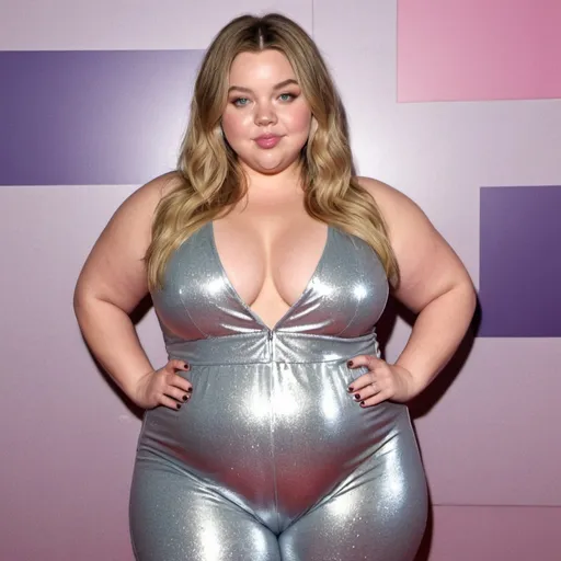 Prompt: fat sydney sweeney, chubby body, plump bbw, long hair, big chest, wearing a sparkly jumpsuit