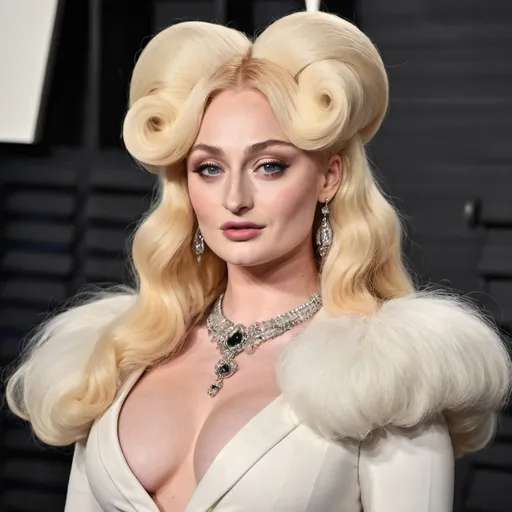 Prompt: Sophie Turner dressed as mae west with big bouffant hair
