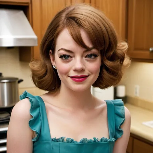 Prompt: Emma Stone conservative housewife in a kitchen, dazed smile, tan skin, wearing a poofy modest frilly dress, lipstick, eyeshadow, huge bouffant 1960s hair, fat 
