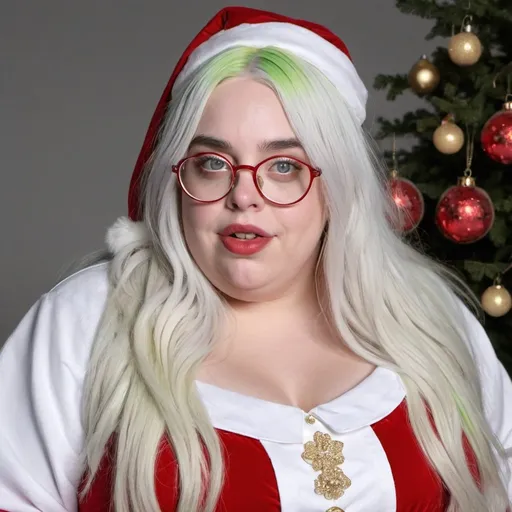 Prompt: Billie Eilish dressed as bbw chubby mrs claus Woman, white hair, glasses