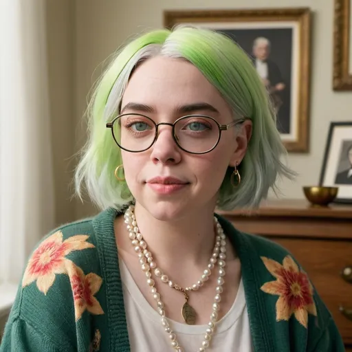 Prompt: Billie Eilish, reimagined as a grandmotherly figure, with a warm smile and twinkling eyes that hint at a lifetime of wisdom and love. Her iconic green hair has gracefully transitioned into a soft grey, meticulously styled into vintage pincurls that frame her face and cascade down her shoulders, a nod to an era of elegance and strength. The pearls of her necklace match the subtle shade of her glasses, which are perched on the tip of her nose as she peers over them with curiosity and affection. She is dressed in a cozy cardigan with a floral pattern, reminiscent of one that might have been passed down from her own grandmother, layered over a simple white blouse. In the background, a sunlit room filled with vintage furniture and personal mementos adds a touch of nostalgia to the scene. The walls are adorned with family photographs and her Grammy awards are displayed proudly yet humbly on a side table, serving as a gentle reminder of her enduring musical legacy. With a cup of tea in one hand and a knitting project in the other, she exudes a comforting aura of creativity and resilience that transcends generations. The overall composition of the image blends the timeless with the modern, presenting Billie Eilish in a new light that celebrates the beauty of aging and the interwoven fabric of family, art, and personal growth.