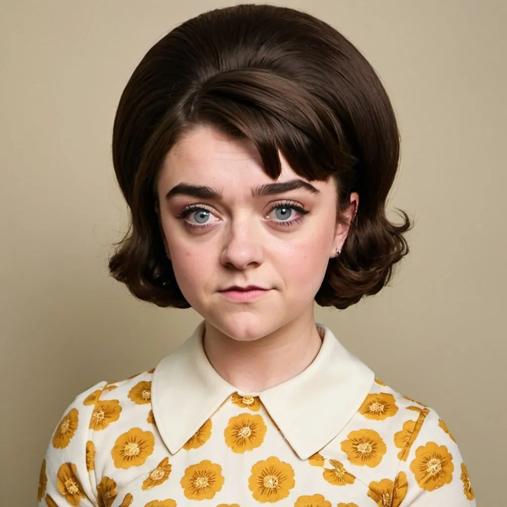 Prompt: Maisie Williams dressed as a 1960's woman with big bouffant beehive hair