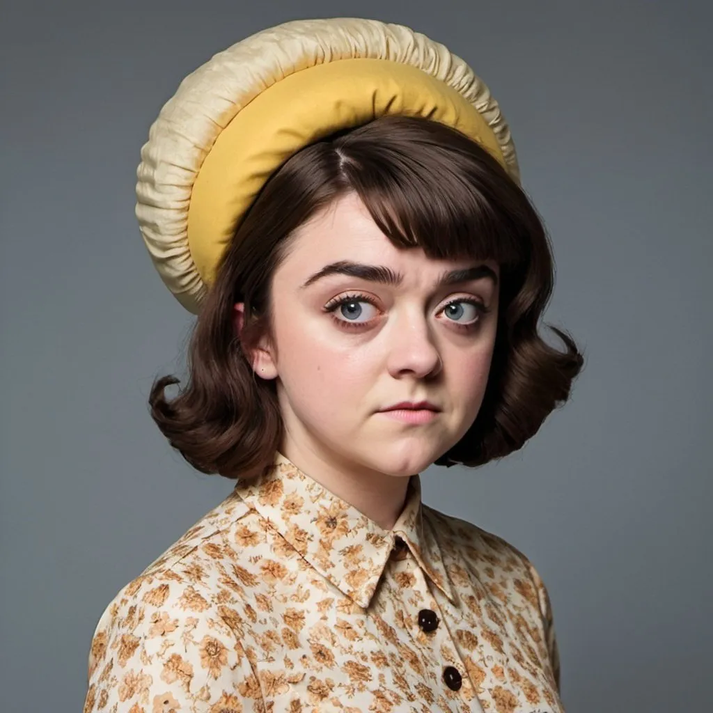 Prompt: Maisie Williams dressed as a 1960's woman with big bouffant beehive hair