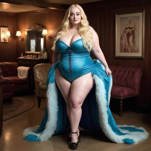 Prompt: full body photo sophie turner dressed as a fat bbw burlesque dancer with bleach blonde very long hair