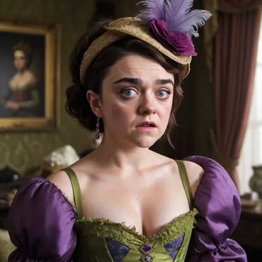 Prompt: A stunning transformation of Maisie Williams, the talented young actress, dressed as Drizella, one of the infamous Ugly Sisters from the classic fairy tale Cinderella. Williams dons an exaggerated, opulent gown in shades of garish purple and lime green, with a corseted waistline that emphasizes the over-the-top silhouette. The dress is adorned with feathers, patches of fabric, and tattered lace, giving it a haphazardly elegant yet unmistakably "ugly" vibe. She wears a matching hat with a towering feather that tips to one side, and her hair is styled into a wild updo with strands sticking out in random places, enhancing the character's unkempt look. Her makeup is dramatically caked on, with heavy eyeliner and deep rouge, while her teeth are slightly yellowed and crooked. A scowl is etched on her face, which is half-covered by a beauty mark that seems more like a smudge of dirt. In her hand, she holds a chipped teacup, and her nails are bitten and untidy. The background is a cluttered room filled with discarded fabrics and accessories, reflecting the sisters' vain and messy lifestyle. The lighting casts harsh shadows on her face, highlighting the sharpness of her nose and the angles of her cheekbones. Despite the unsightly attire and makeup, Williams' mischievous sparkle in her eyes hints at the underlying humor of the character she portrays. Her posture is defiant yet slightly awkward, as if she's not quite used to the cumbersome garb. The overall scene is a playful homage to the original story, with a modern twist that captures the essence of Drizella's outrageous vanity and ugliness.