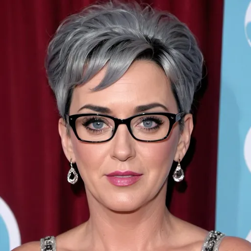 Prompt: katy perry dressed as a sultry mature woman, 60 years old, grey bouffant hair, eyelashes, eyeshadow, glasses wrinkles, nightdress